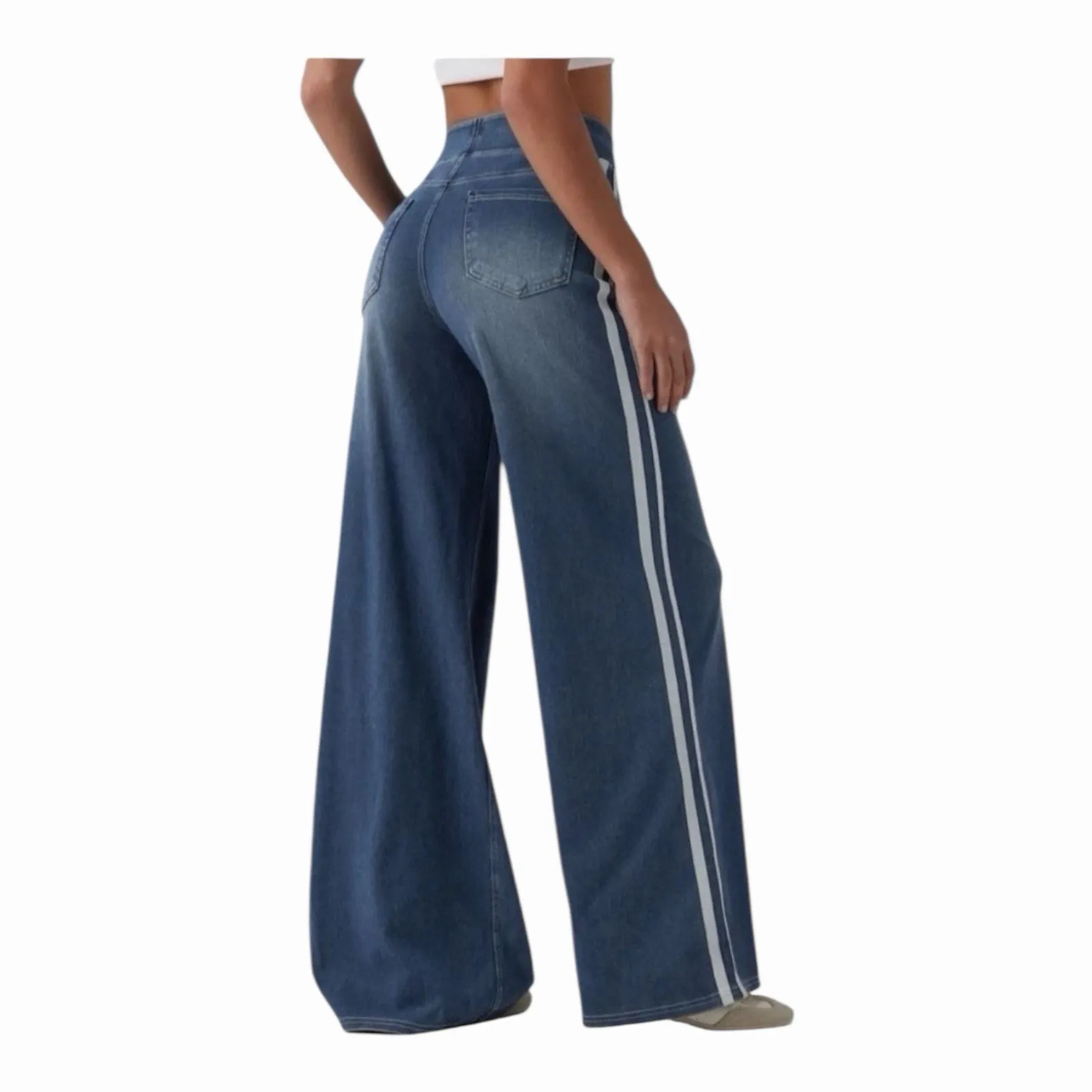 Halara Flex Women High Waisted Stripe Wide Leg Flowy Jeans Pockets Large NWOT - Image 2