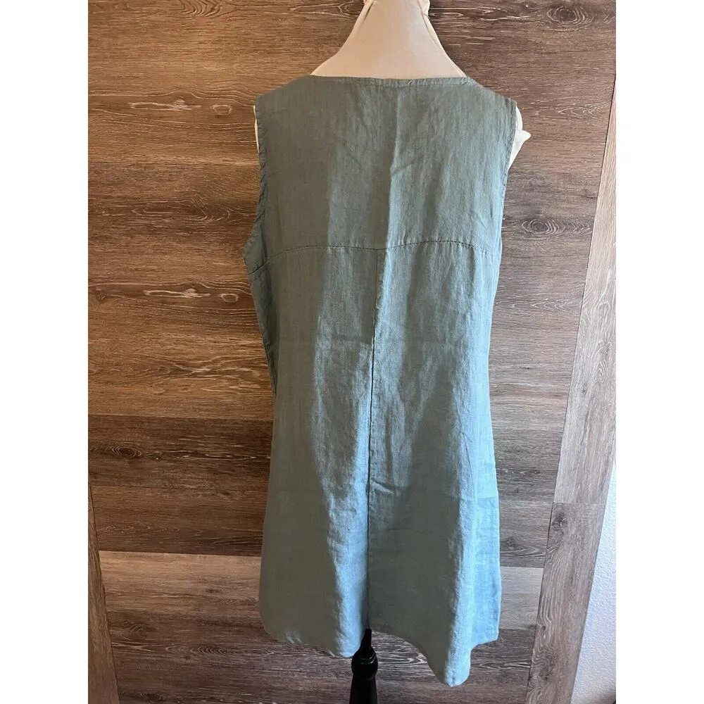Stella Martini M Linen Dress Lagenlook Made in Italy Green Sleeveless A - Image 4
