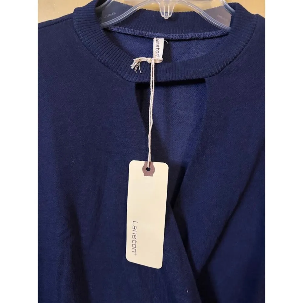 Revolve Lanston Navy Long Sleeve Faux Wrap Cotton Blend Sweater Size Small NWT Blue - Image 3