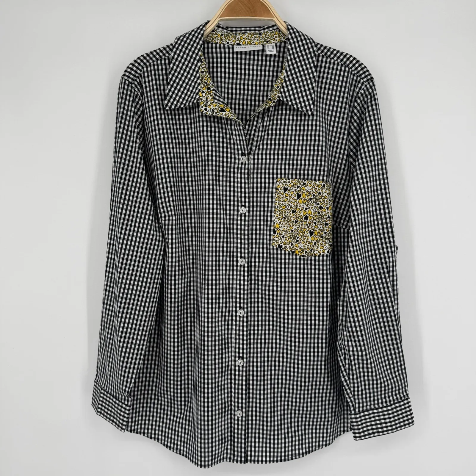 Susan Graver Button Down Long Sleeve‎ Shirt Size 20W Gingham Heart Pocket Shirt - Image 2