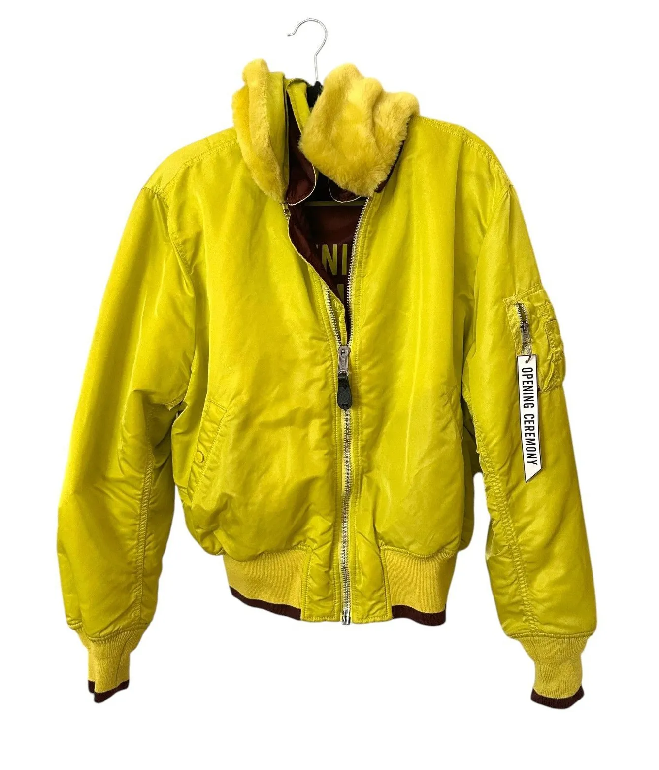 OPENING CEREMONY Reversible Bomber Jacket Faux Fur Collar Neon Yellow Medium - Image 1