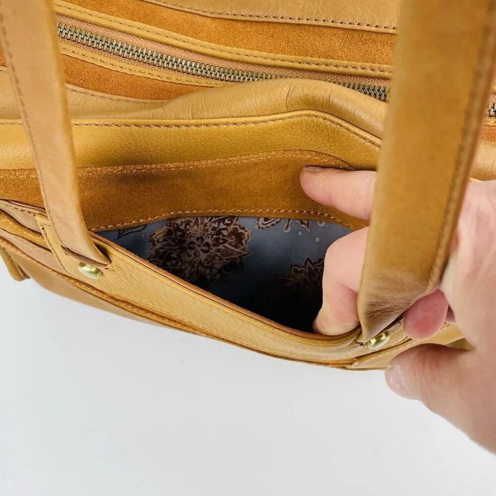 HOBO Tan Velvet Hide Suede Leather Patchwork Double Handles Satchel Shoulder Bag Brown - Image 3