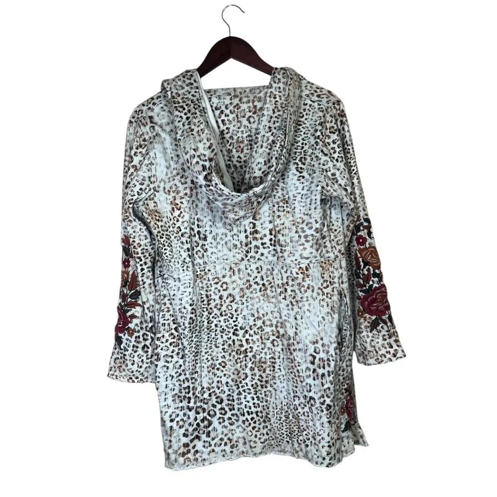 CAITE Athleta Open Front Floral Embroidered Leopard Cardigan Hooded Sweater Sz S - Image 3