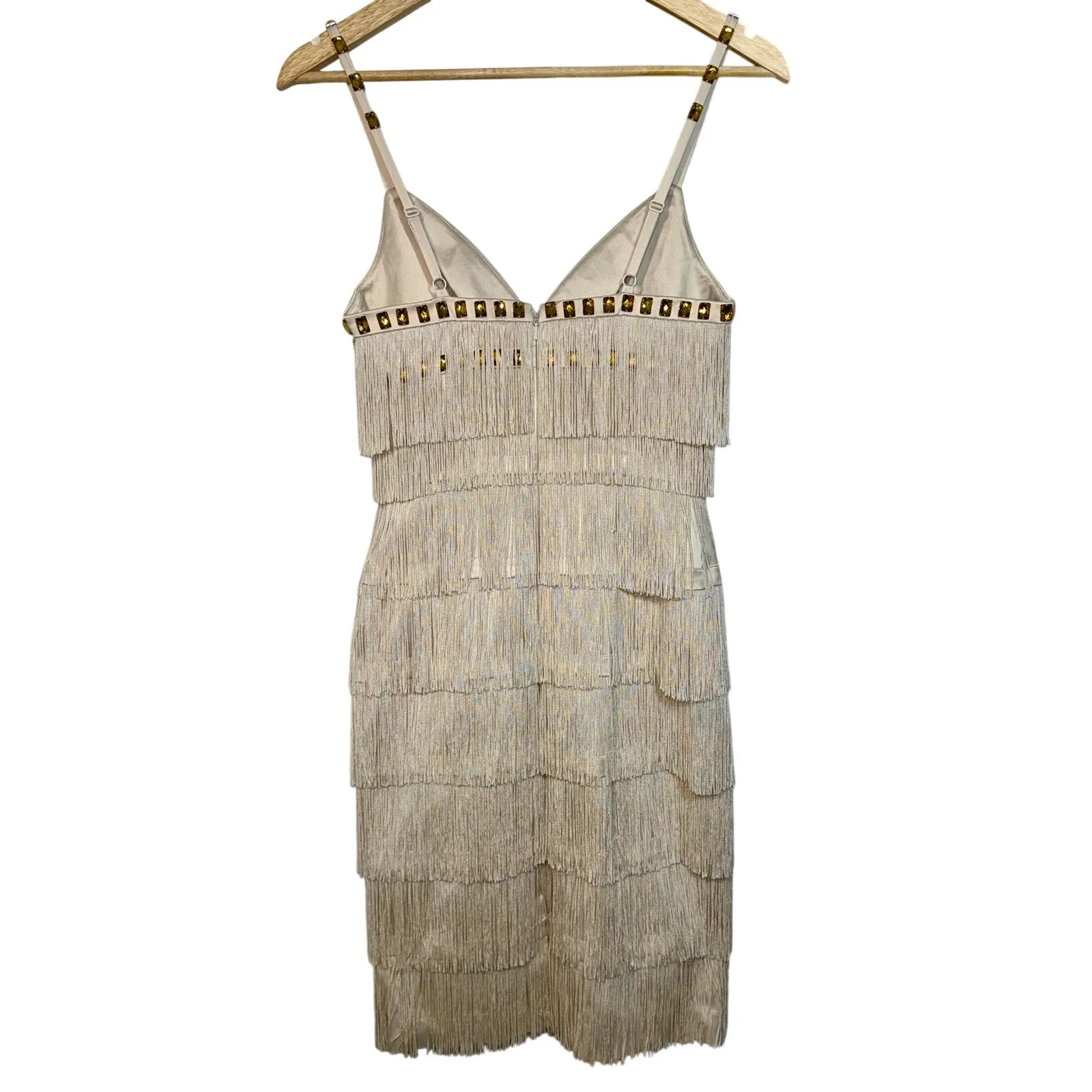 NWT Mandalay Cream Ivory Gold Beaded Fringe Midi Evening Cocktail Dress Womens 2 - Image 6