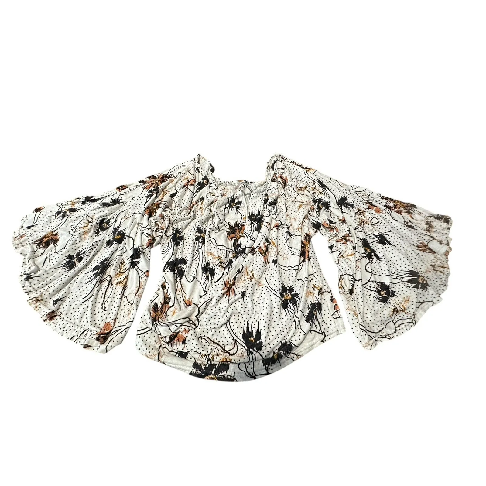 Free People Last Time‎ Ivory Floral Drape Keyhole Bell Sleeve Top Large #CD12-5 - Image 9