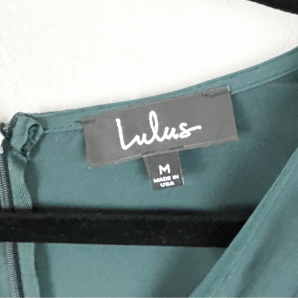 LULUS Emerald Green Knot Front V-Neck Side Pockets Flare Legs Jumpsuit Medium - Image 3