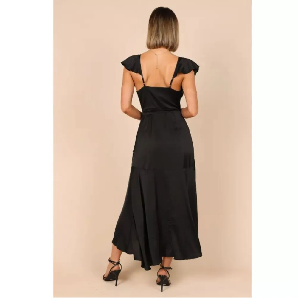 Petal & Pup Cally Black Satin Frill Shoulder Wrap Maxi Dress M - Image 2