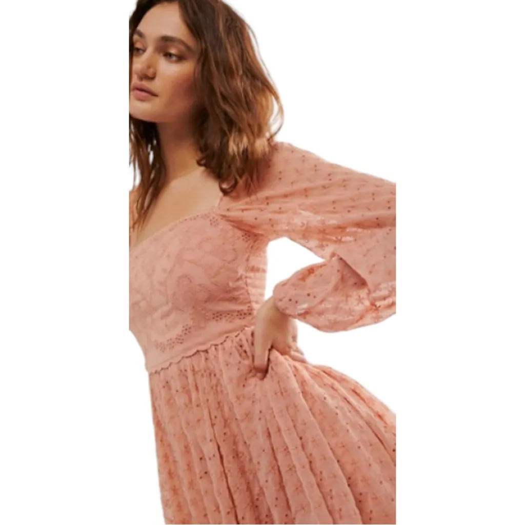 New Free People‎ Malina Mini Babydoll A-Line Eyelet Peachy Pink Boho Dress Small - Image 3