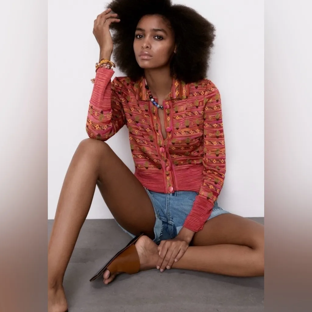 ZARA Cactus Flower Jacquard Knit Lightweight Cardigan Sweater Jacket Size‎ Small - Image 2