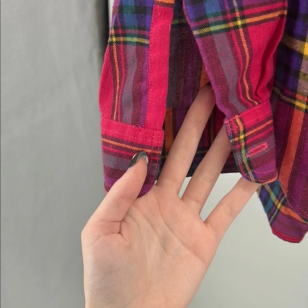 Pink Blue plaid Button Down flannel Shirt M women’s colorful casual fall bright Size M - Image 9