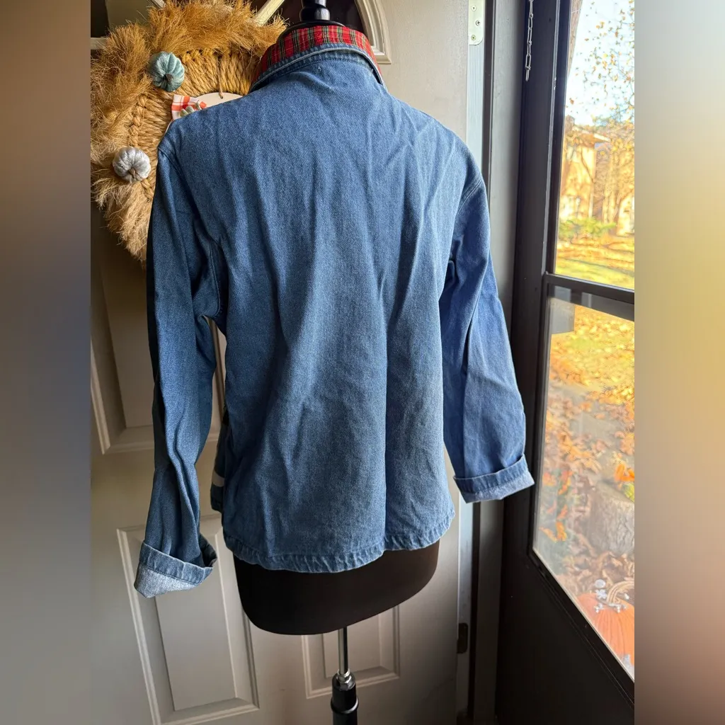 Vintage Tantrums snowman tree velvet embroidered denim shirt, size large Blue - Image 8