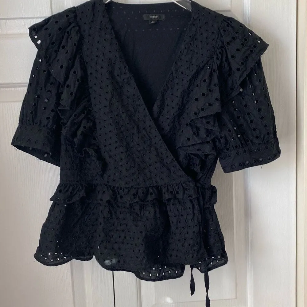 J. Crew Women's Ruffle Wrap Top Eyelet Black Blouse Large V Neck Peplum - Image 2