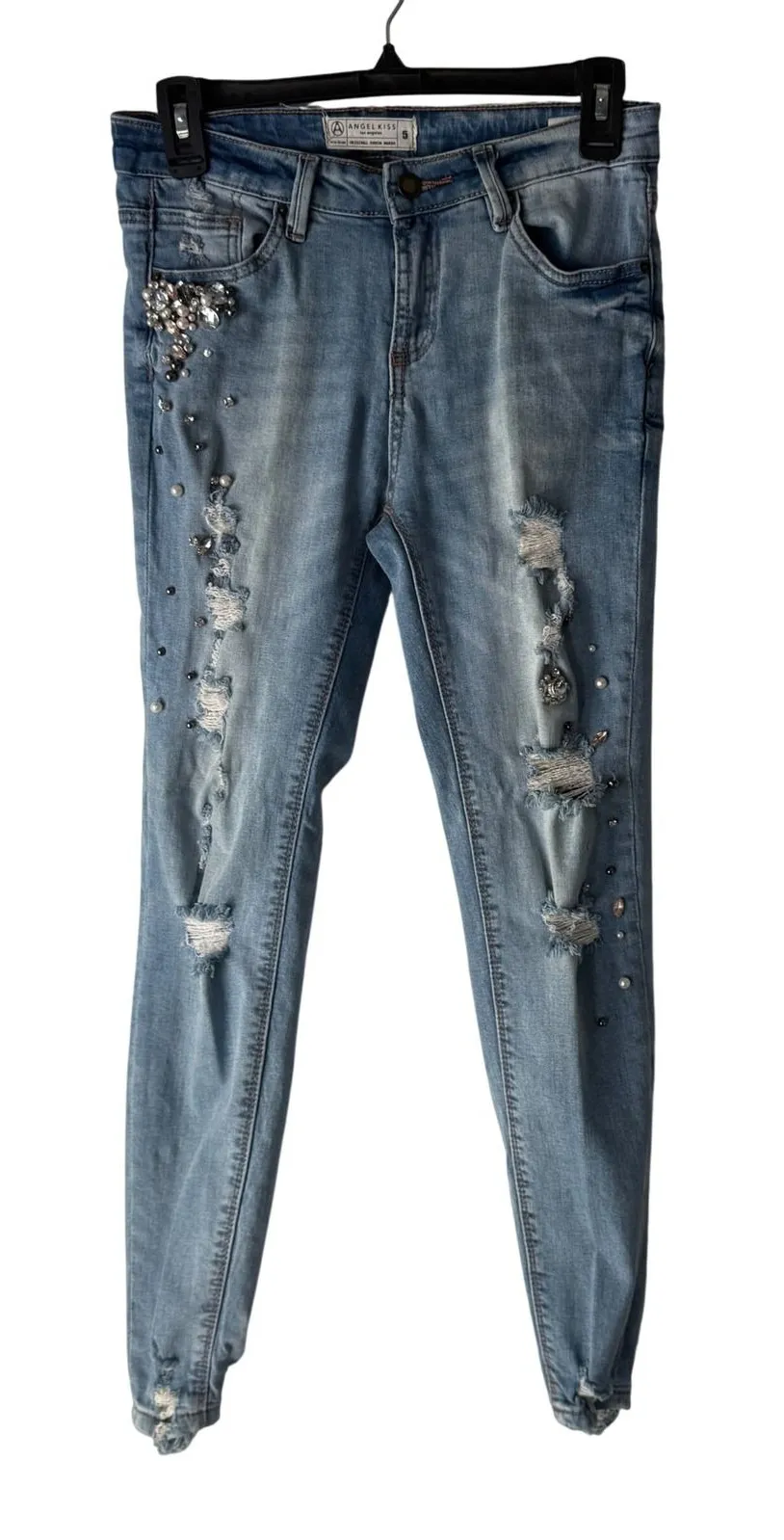 Angel Kiss 2010s Womens Jeans 5 Distressed Embellished Rhinestone Pearl Skinny - Image 1