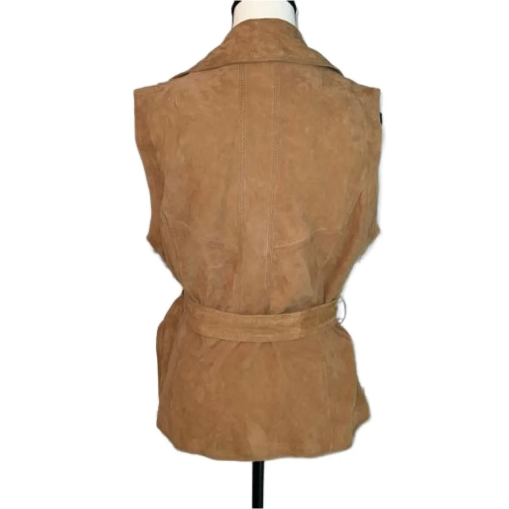 Elie Tahari Leather Wrap Zip Belted Vest Camel Brown Size L Boho Festival Luxury - Image 6