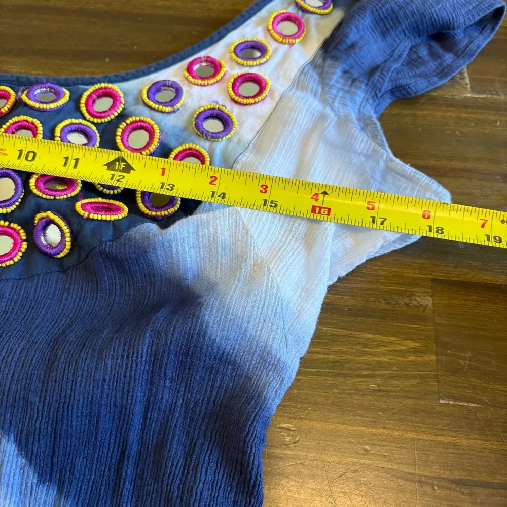 Calypso St. Barth Blue White Tie Dye Dress Midi Vacation Mirror Beaded Stripe L - Image 11