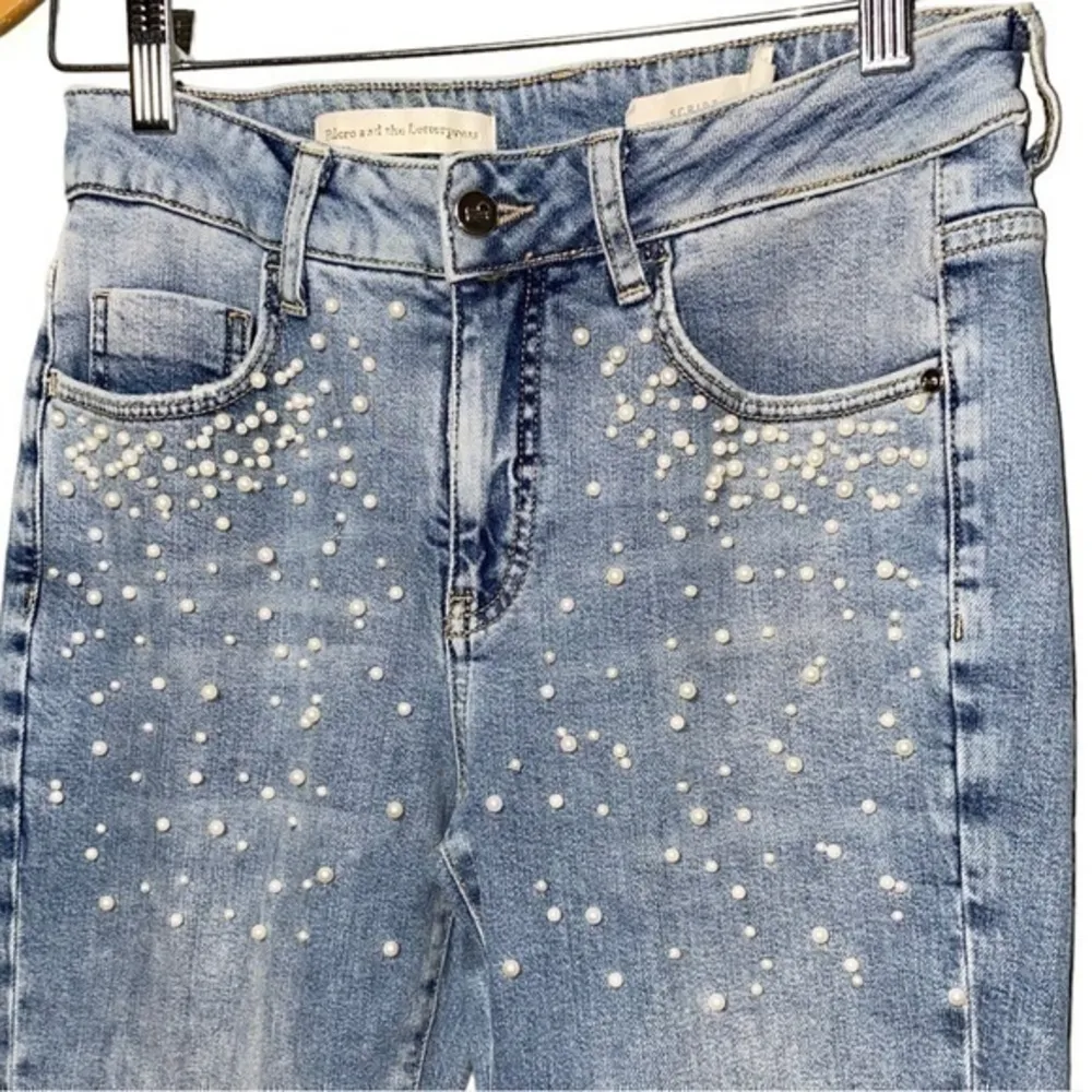 Pilcro Anthropologie Women’s 27 Light Blue Script High Rise Pearl Skinny Jeans - Image 6