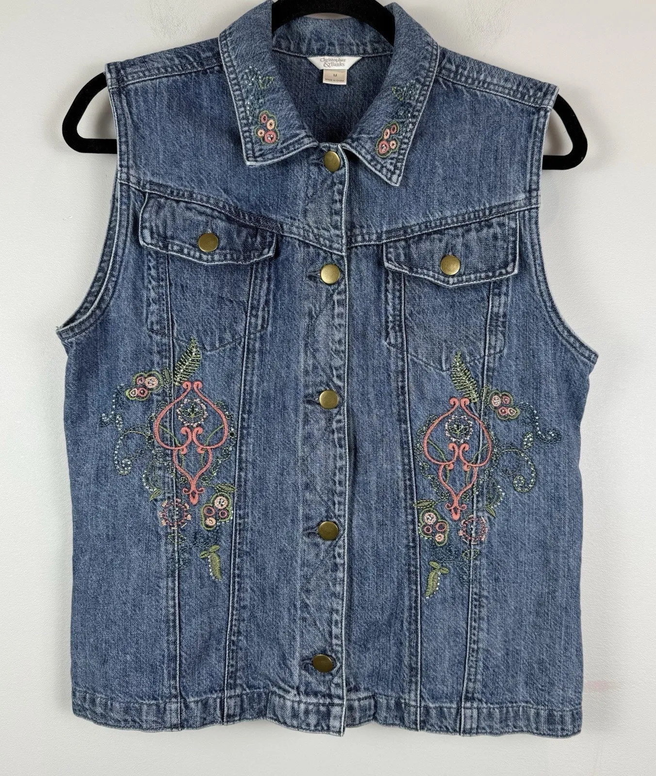 Christopher Banks Denim Boho Vest M Blue Embroidered Collared Eclectic Western - Image 1
