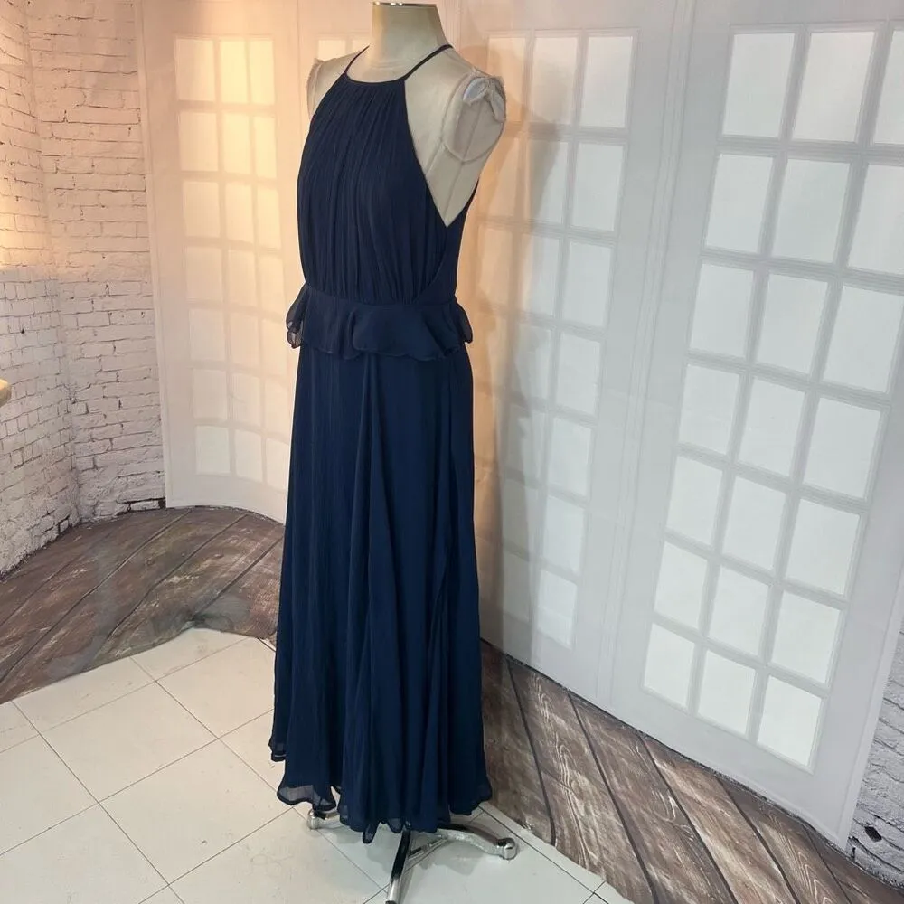 ASOS Navy Chiffon Ruffle Waist Halter Sleeveless Lined Maxi Dress Size 10 - Image 6