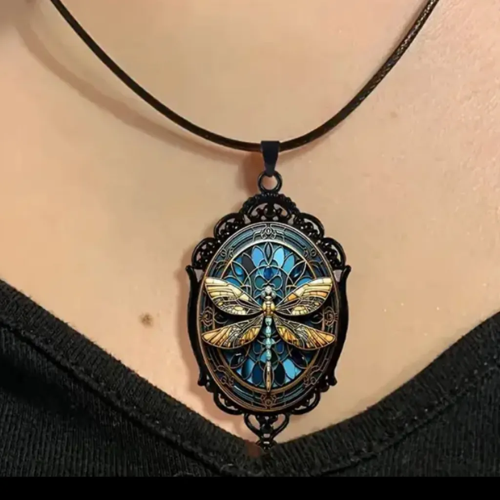 Vintage Boho Goth Dragonfly Pendant Necklace Black - Image 2