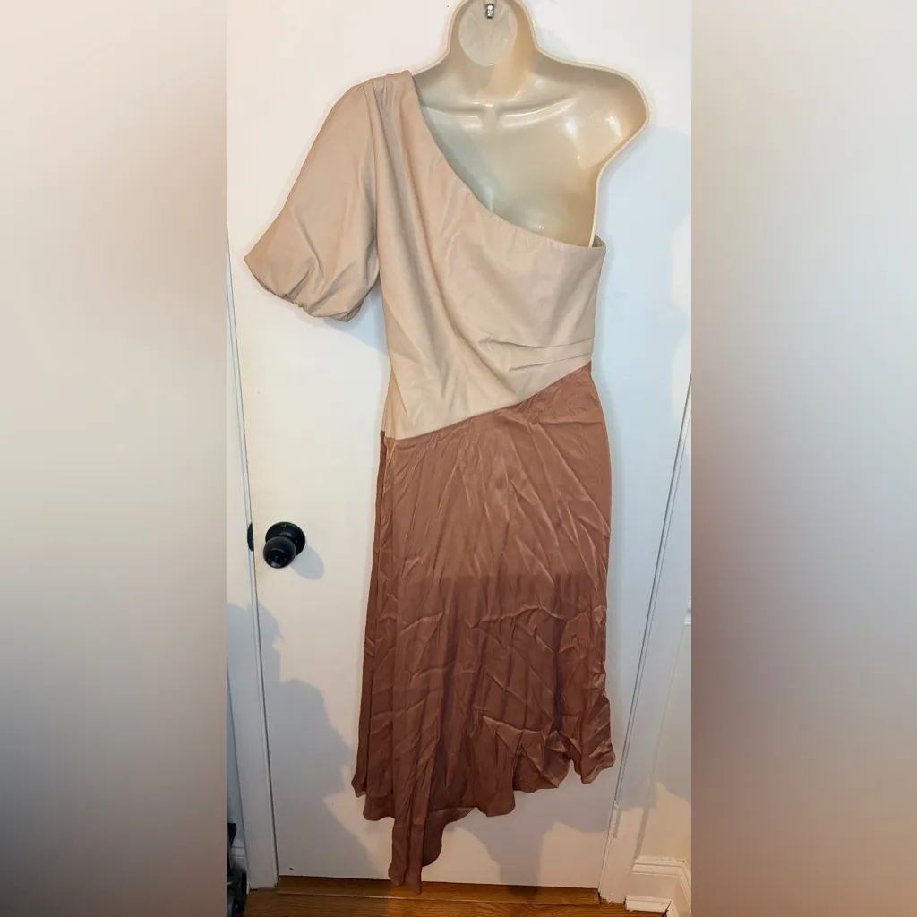 By Anthropologie Faux Leather Satin One Shoulder Asymmetric Midi Dress Size 10 - Image 10