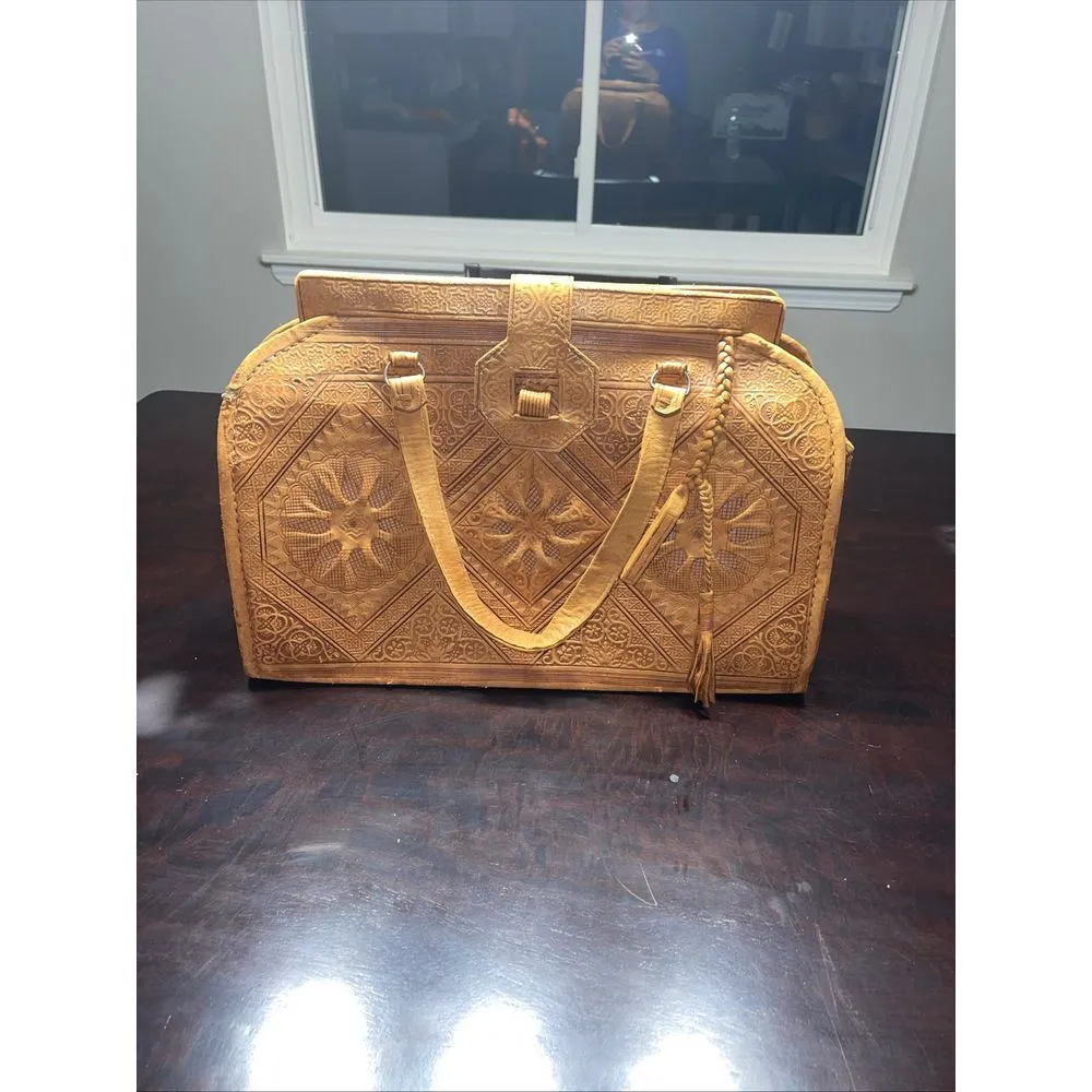 Vintage Tooled Leather Satchel Handbag Boho Chic Floral Embossed Crossbody Purse - Image 9