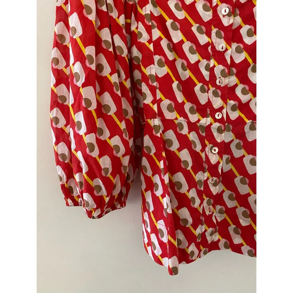 Ro’s Garden Tuckernuck Red White Yellow Square Neck Puff Sleeve Top Button S EUC - Image 4