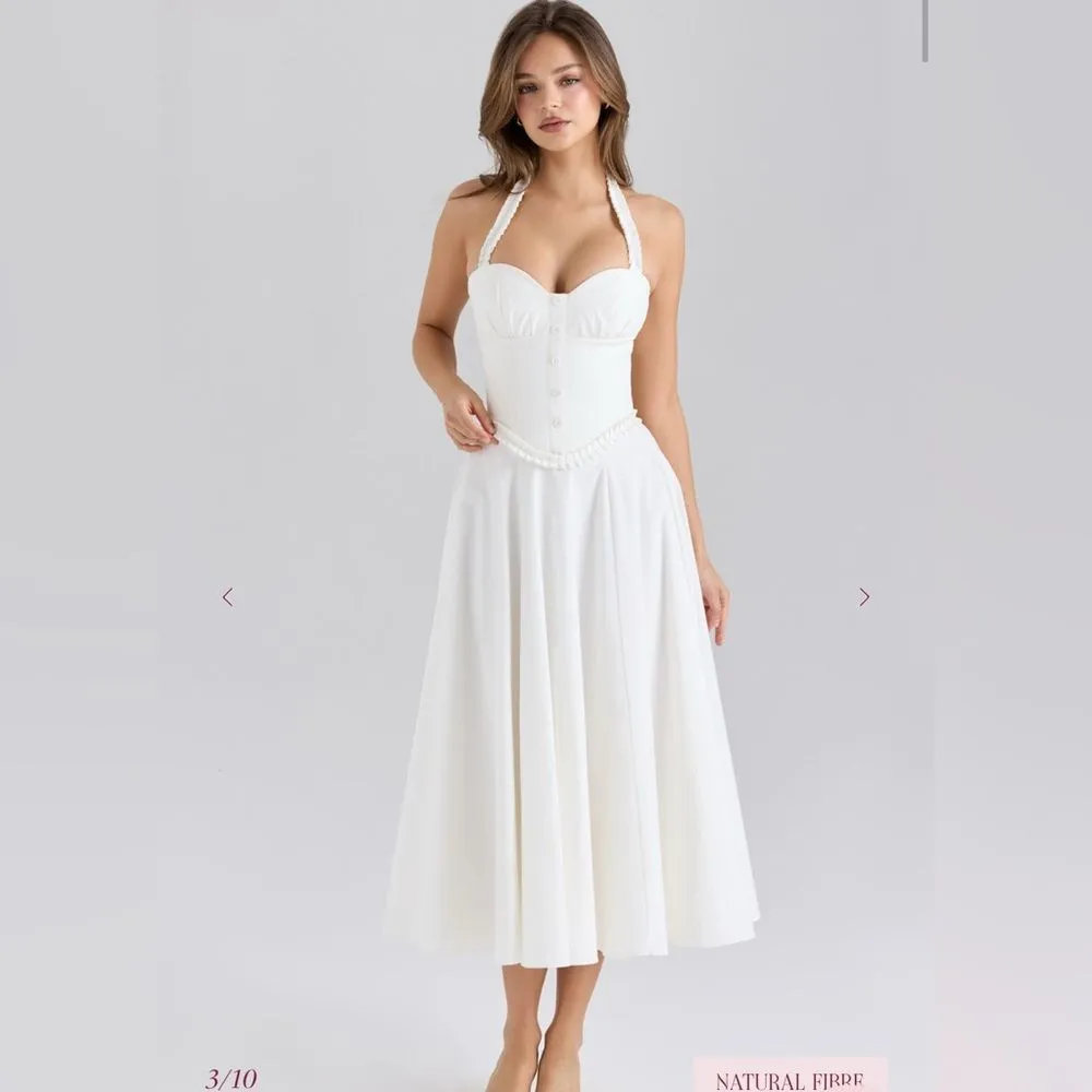 NWT House of CB GEORGIE White Stretch Cotton Halter Neck Midi Dress - Image 3