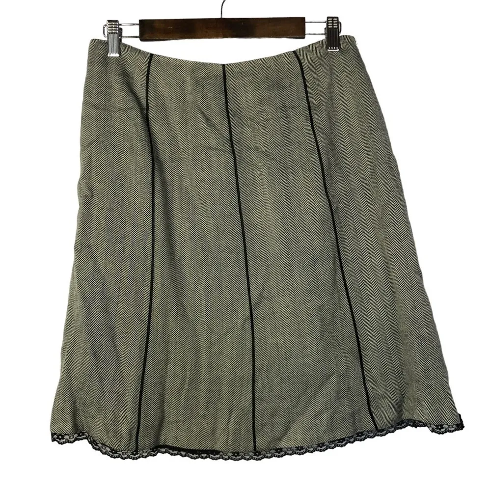 Oscar De La Renta Petite Gray Herringbone Lace Trim A-Line Skirt 8P - Image 2