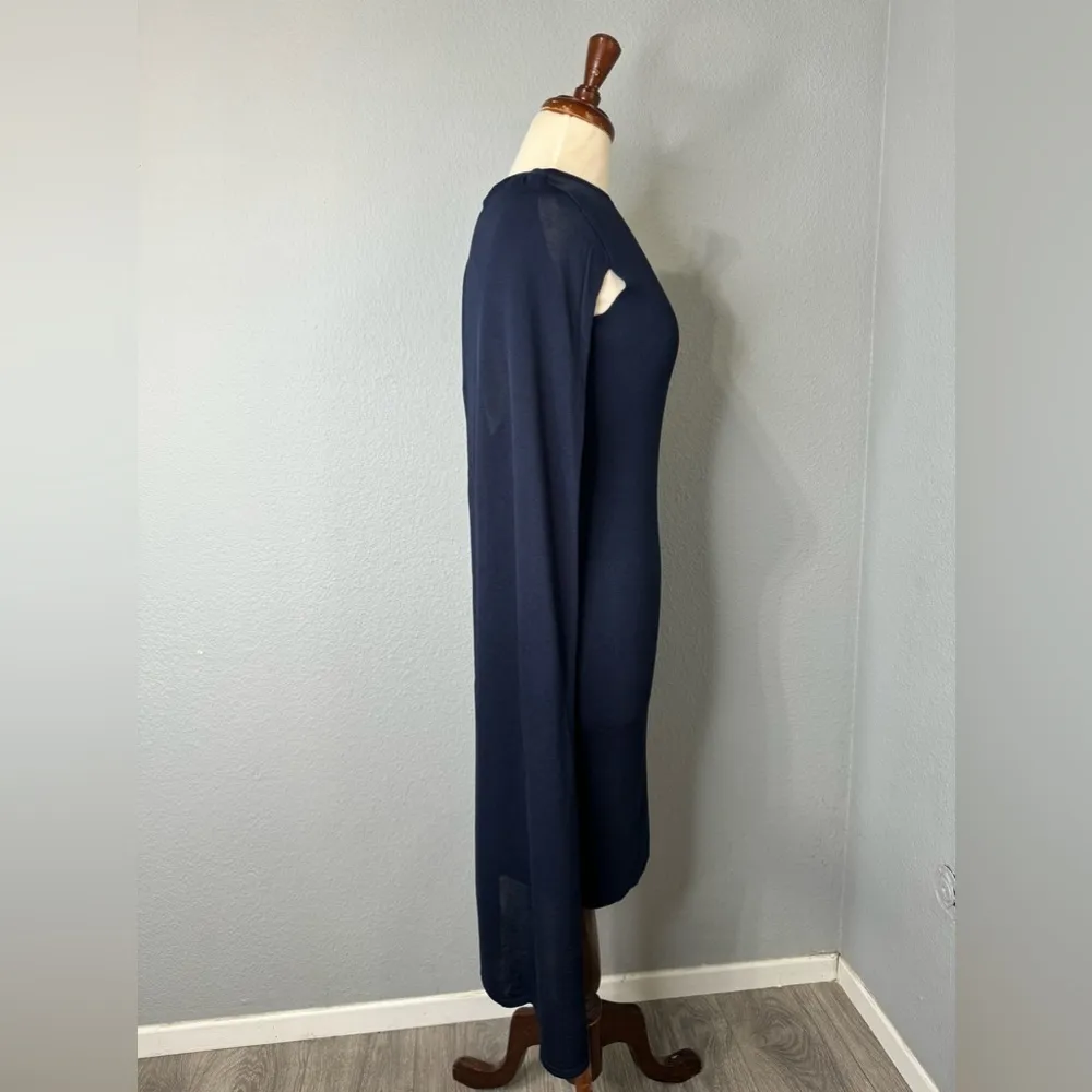 ZARA‎ New Navy Blue Elegant Round Neck Knit Cape Dress Slit Long Sleeves Size S - Image 12