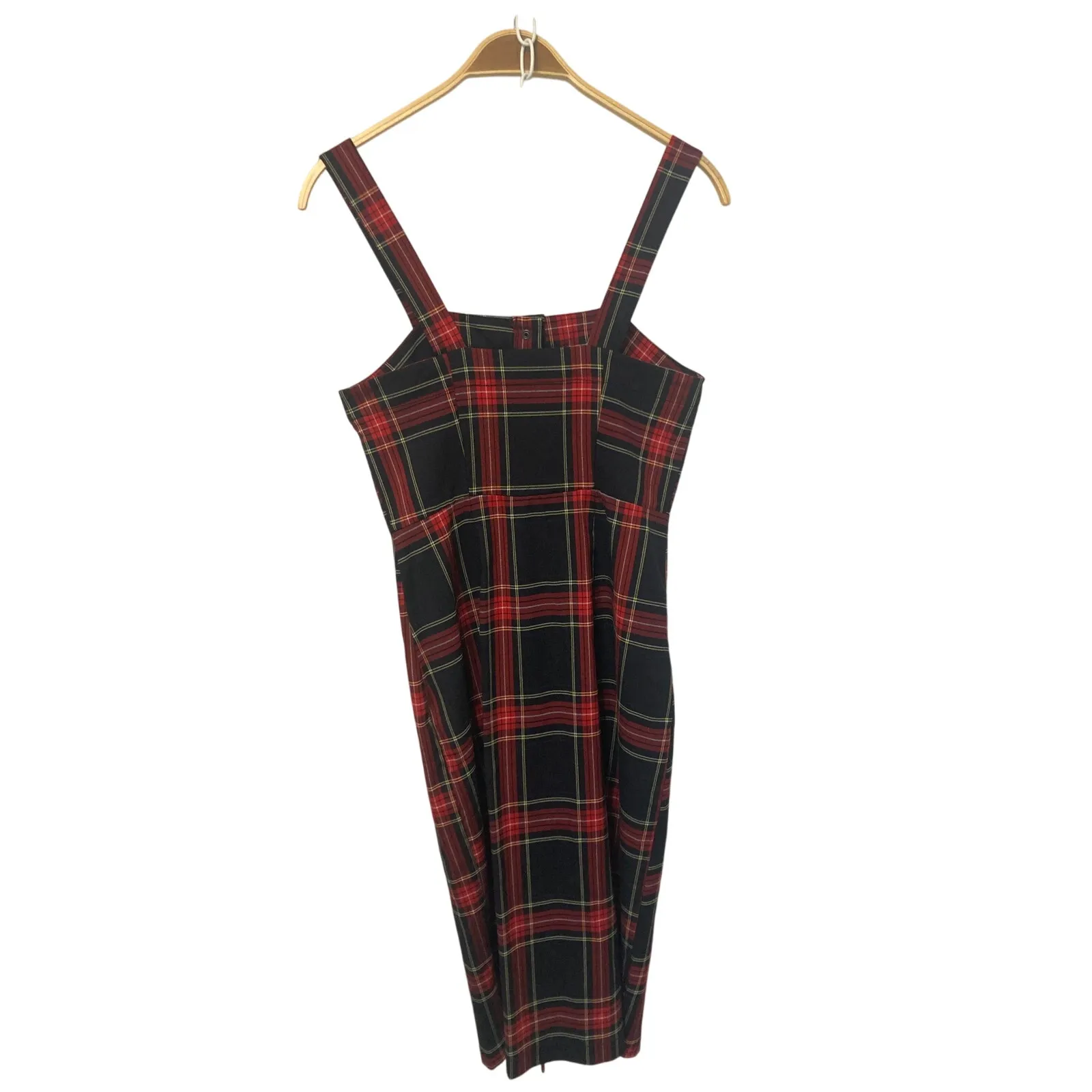 Bershka Red Black Tartan Plaid Button Snap Front Sleeveless Overall Midi Dress - Image 2