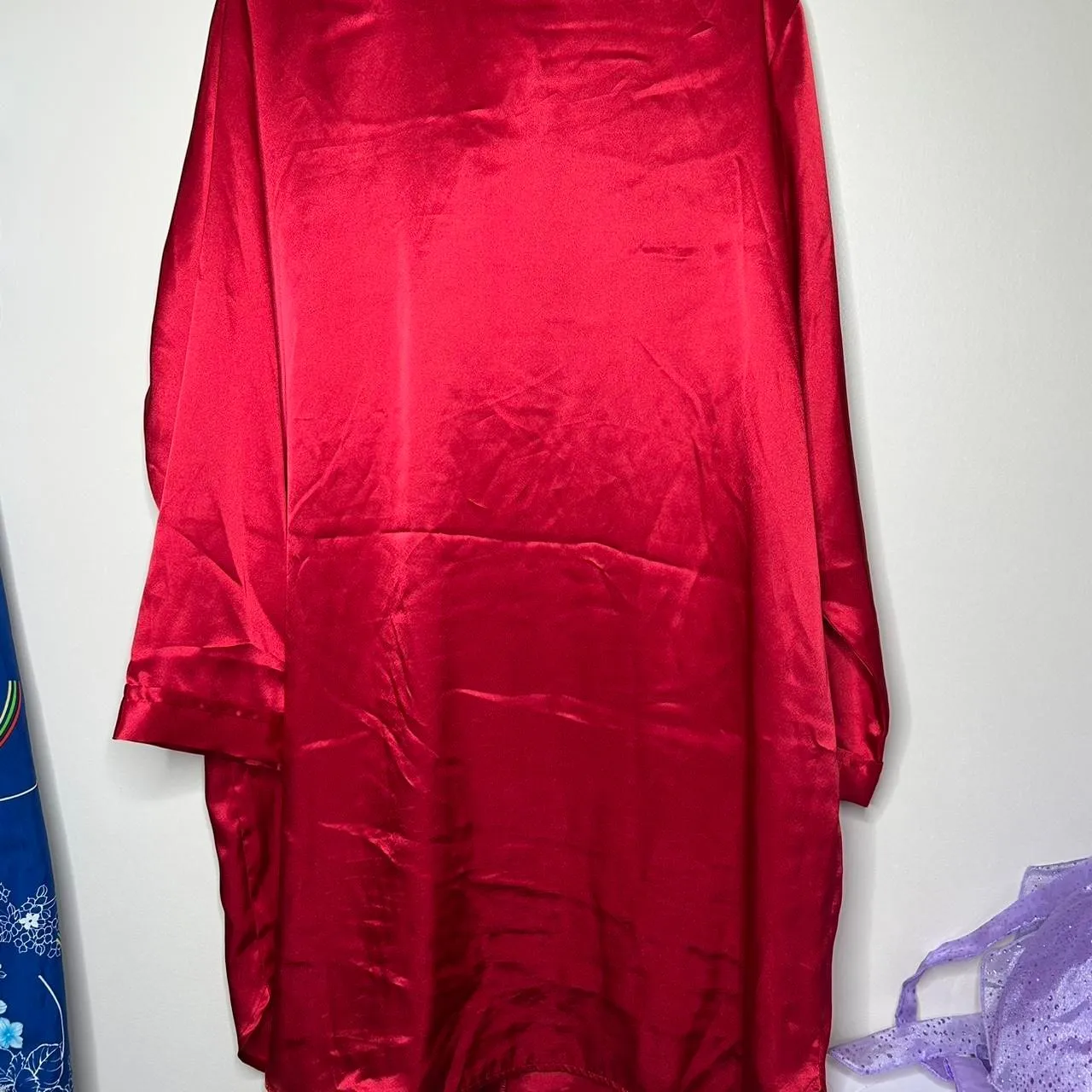 Vintage 90s Red Satin Embroidered Mandarin Collar Tunic Dress Top L - Image 4