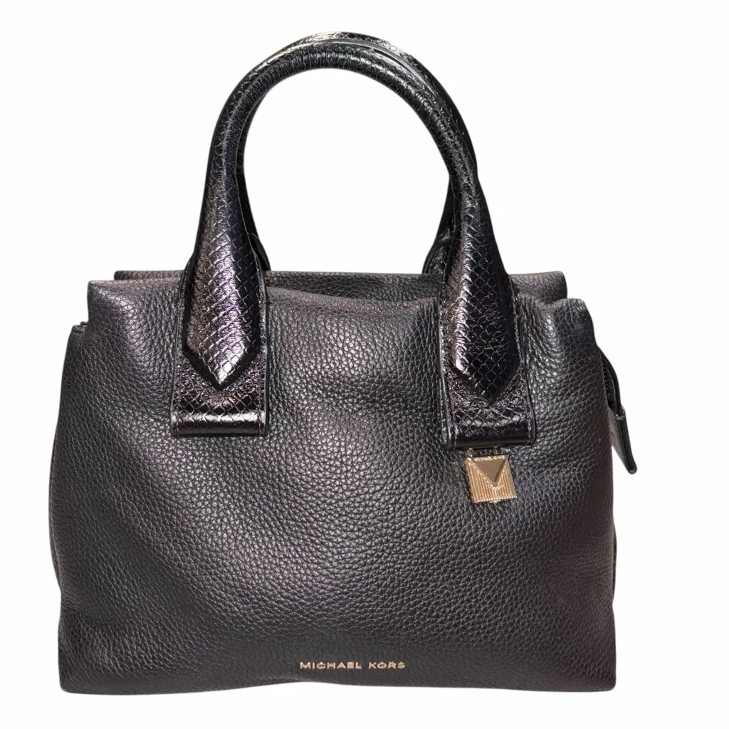 Michael Kors Black Rollins Snake Embossed Leather Satchel Bag Purse - Image 2