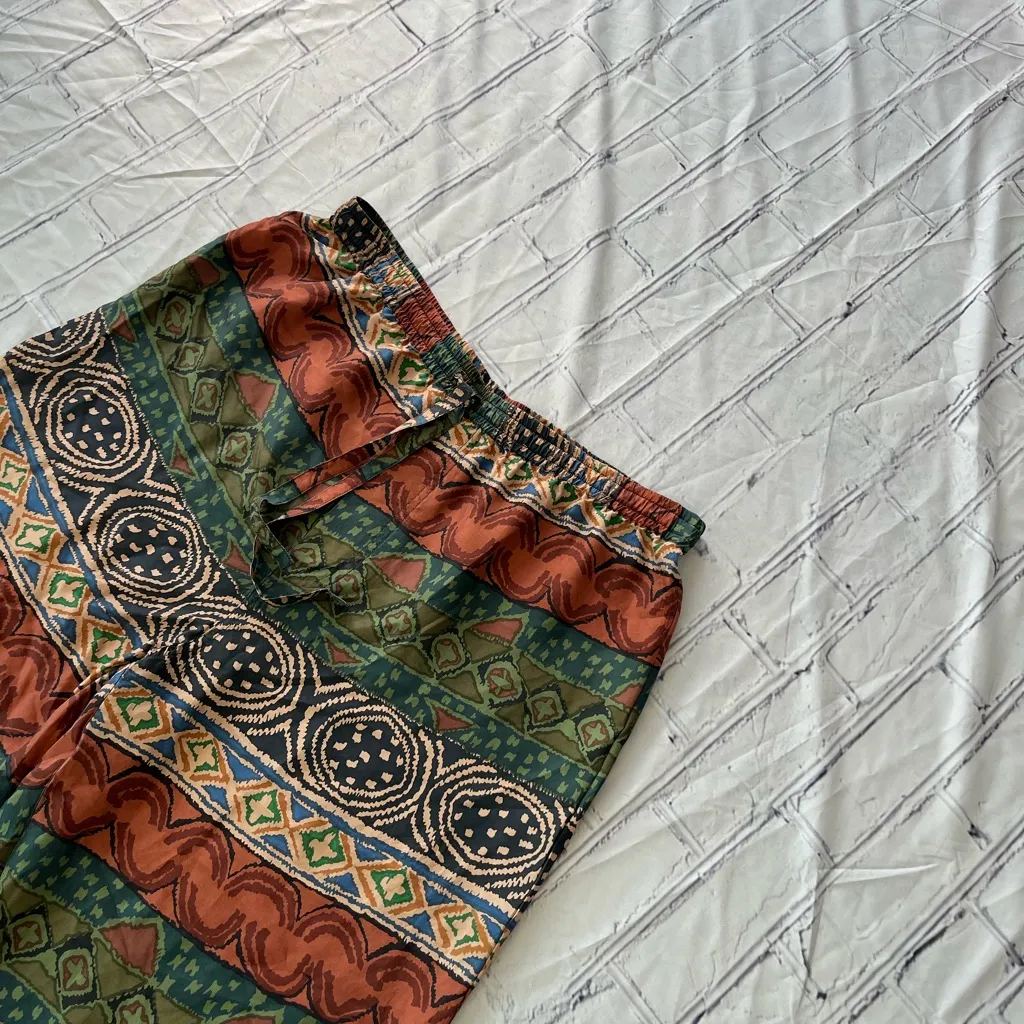 Vintage 90s Addiction Silk Tribal Print Boho Festival Pants Drawstring Relaxed M Green Size M - Image 5