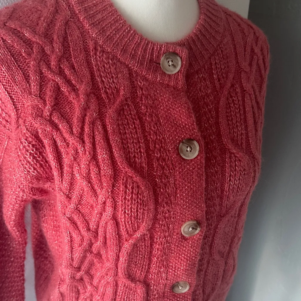 Old Navy Raspberry Cable Knit Button-Up Cardigan Sweater, Cozy Fall Winter Layer - Image 2