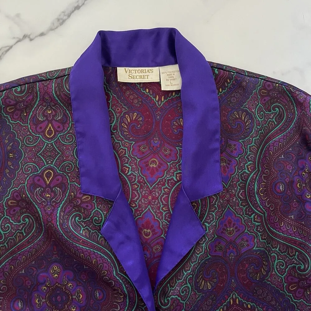 Victoria’s Secret Gold Label Vtg Satin Shirt Dress Paisley Purple Asian Sz Large - Image 5