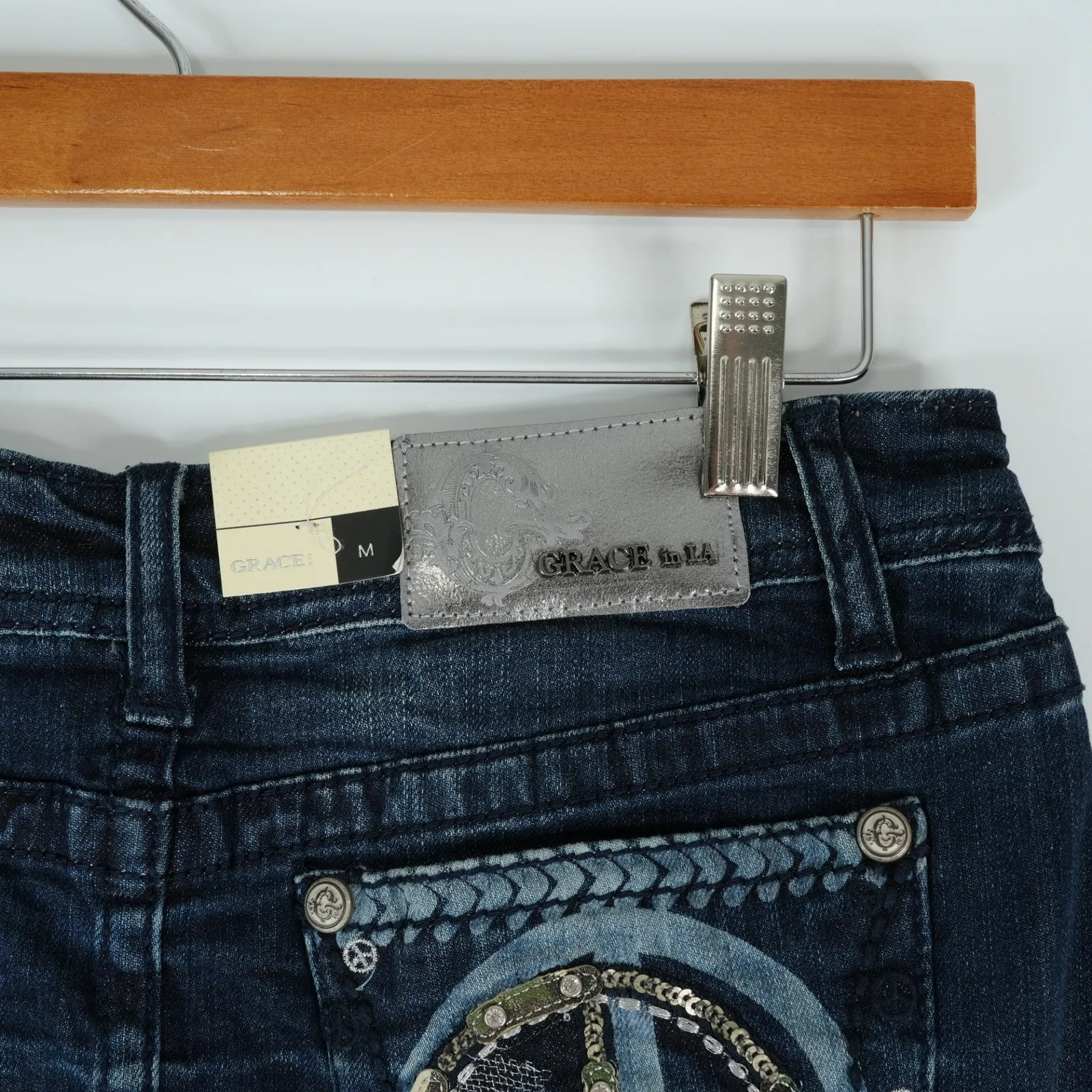 Grace in LA Skirt Womens M Embellished Rhinestone Peace Sign Designer Denim Jean Blue Size M - Image 10