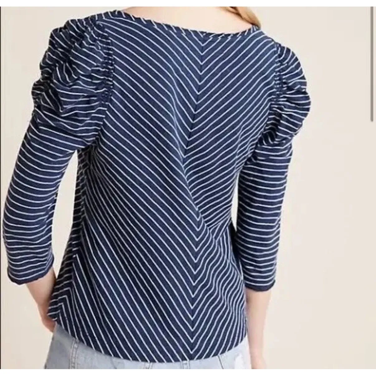 Maeve Anthropologie Lauryn Striped V Neck Puff Sleeve Top Shirt Large Navy White - Image 2