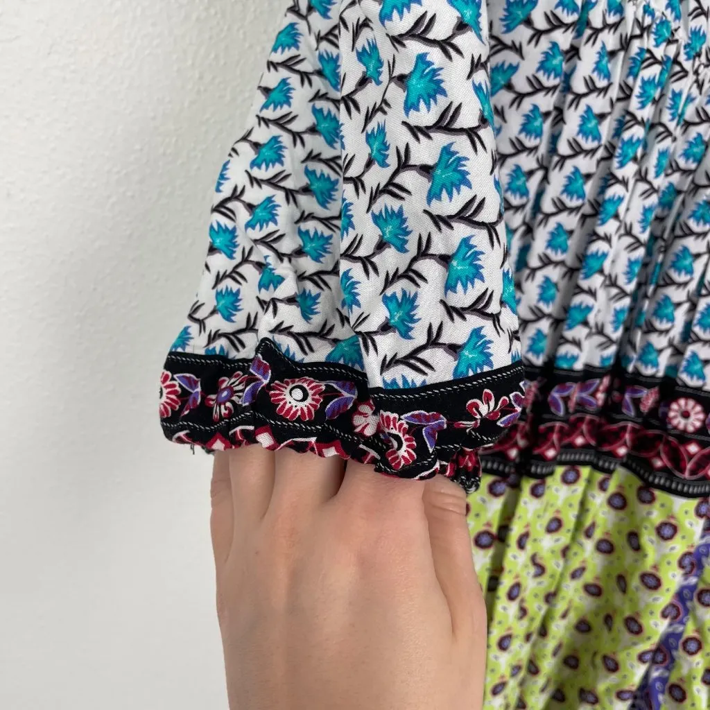 Eci S Blue Green Square Neck Balloon Sleeve Mixed Pattern Bohemian‎ Boho Twee - Image 4