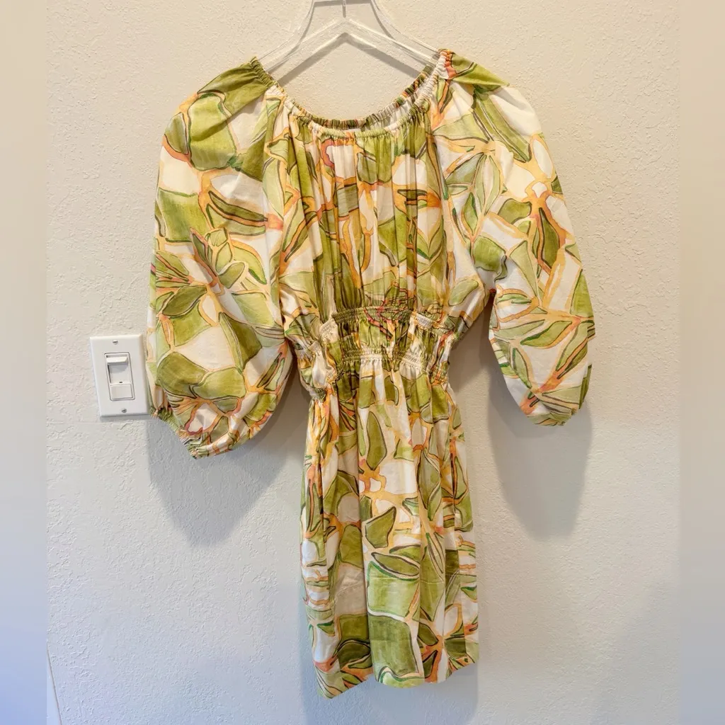 MISA Senia Dress in Chartreuse Abstract Print‎ Mini Puff Sleeves Off Shoulder - Image 5