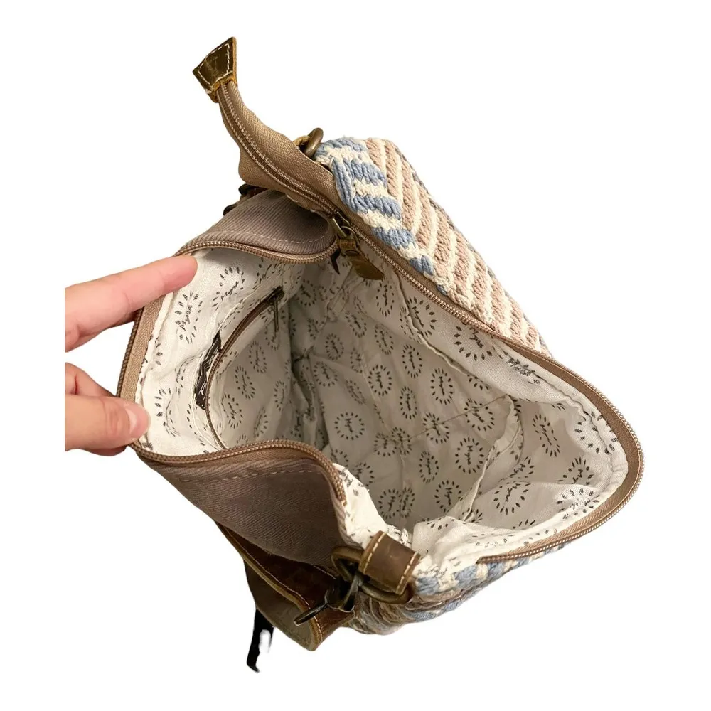 MYRA Blue Chip Shoulder Bag Cotton Fabric Leather Adjustable Strap India NWT - Image 6