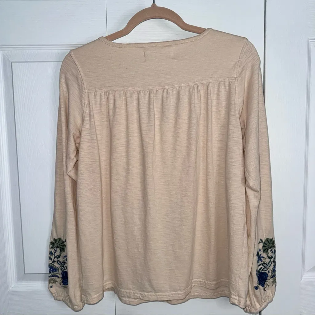Aventura Cream Long Sleeve Top with Blue Floral Embroidery Size M - Image 2