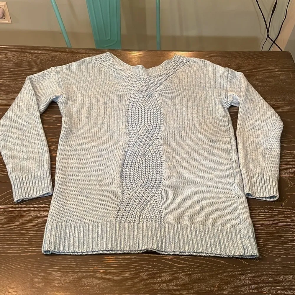 Loft  Baby Blue Sweater with Cable Knit Design, Cotton Blend, Large - Image 3