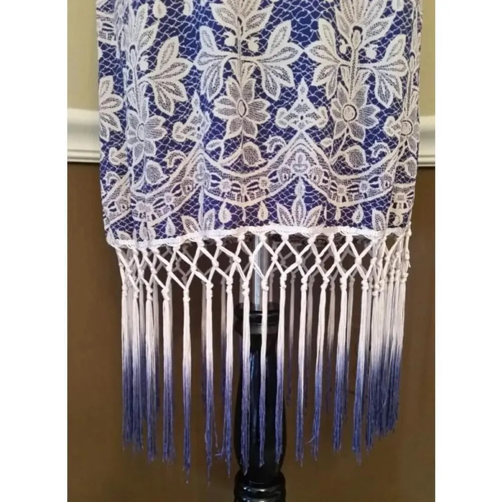 Blue & Beige Lace Print Fringe Hem Sleeveless Boho Dress by Moon from Modcloth Size M - Image 4