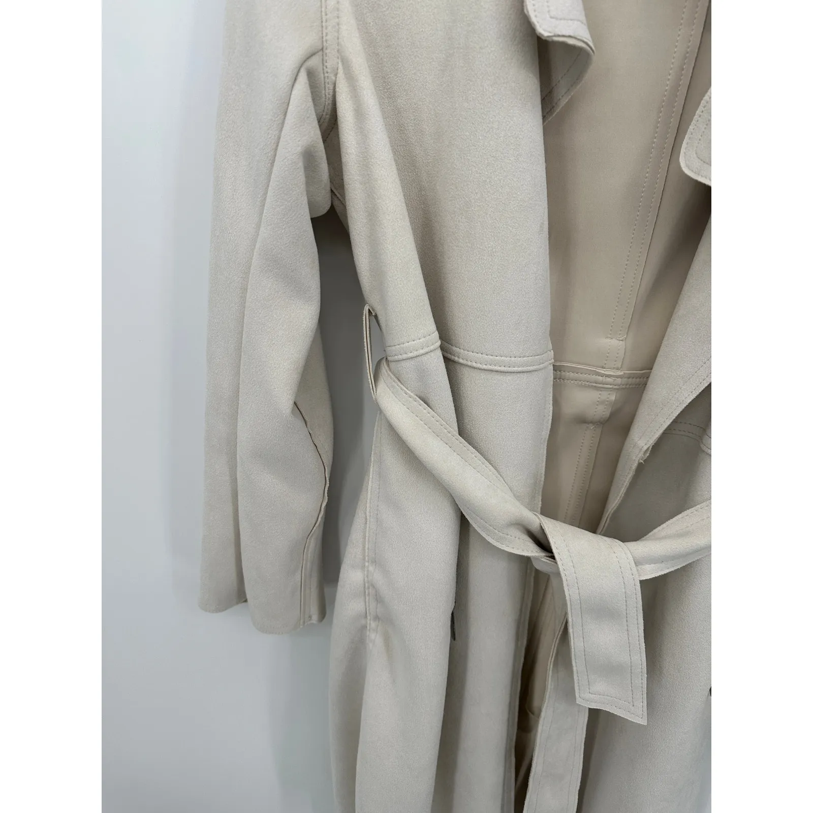 Magaschoni Cream Nude Suede Trench‎ Coat Women Small Open Front Belted - Image 3