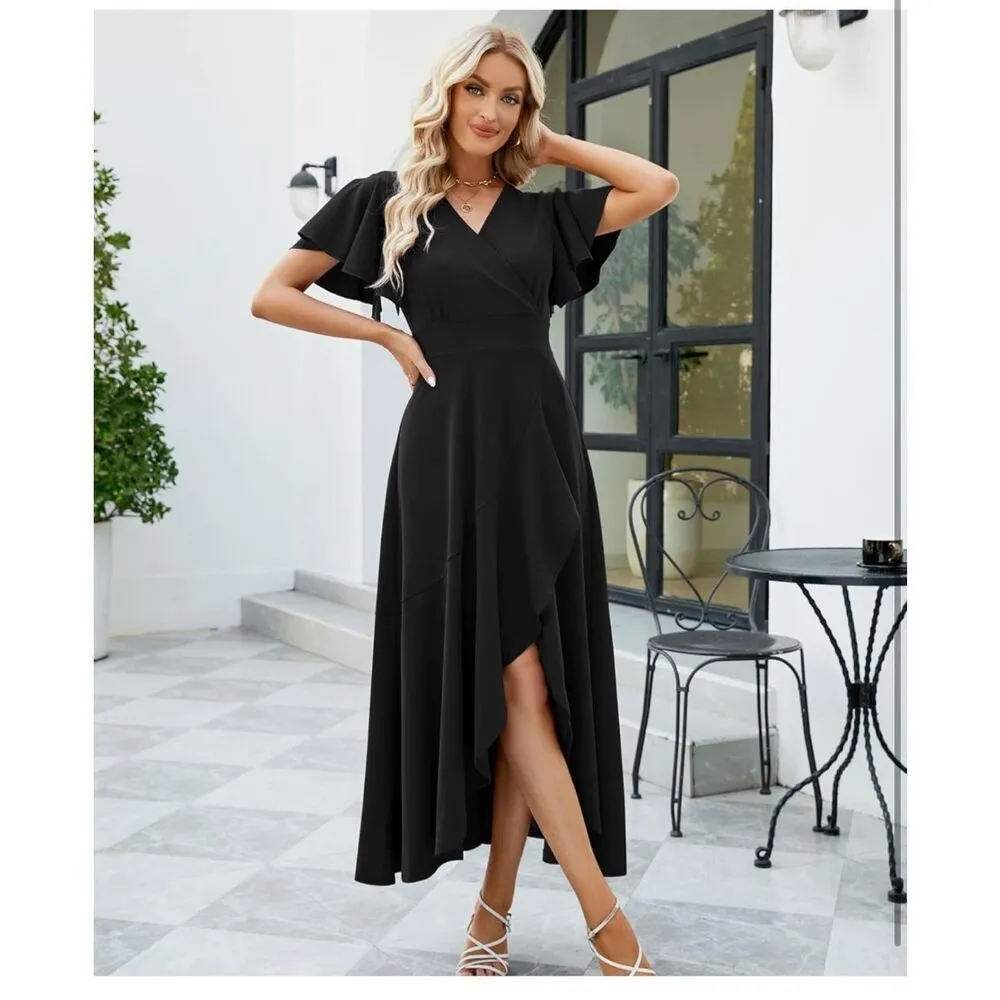 NEW Split Elegant V Neck Wrap Ruffle Wedding Guest Dress 3X Black - Image 2