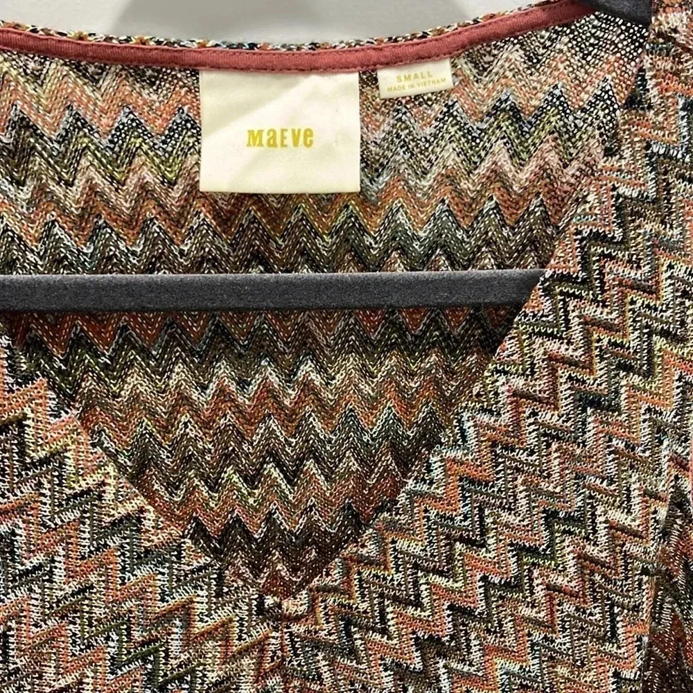 Anthropologie Maeve Chevron Knit Sleeveless V Neck Dress Neutral Flounce Sz S - Image 3