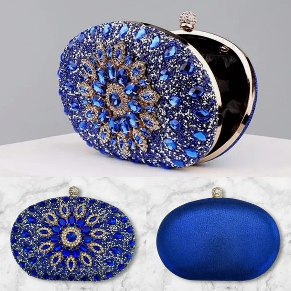 Ramla handmade Sparkling Blue Simulate Diamond Womens Clutch Handbag with strap - Image 2