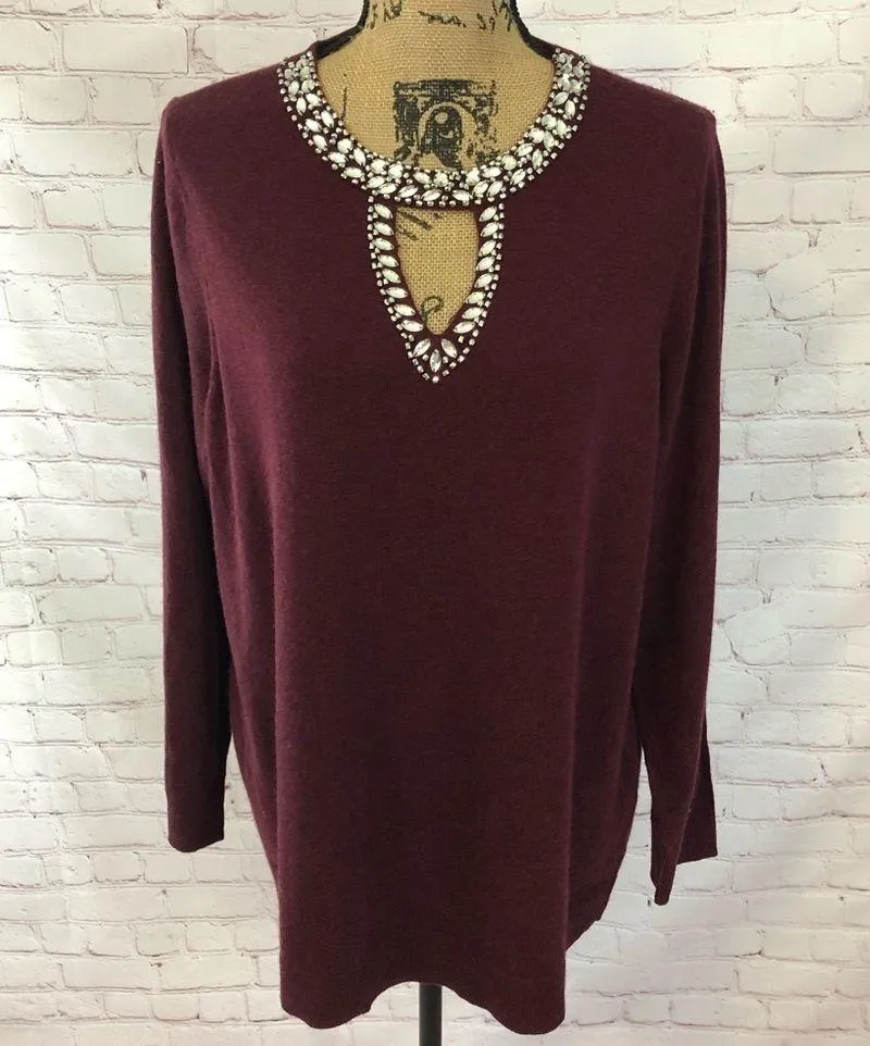 INC Embellished Keyhole Sweater in burgundy Red Size 1X - Image 2