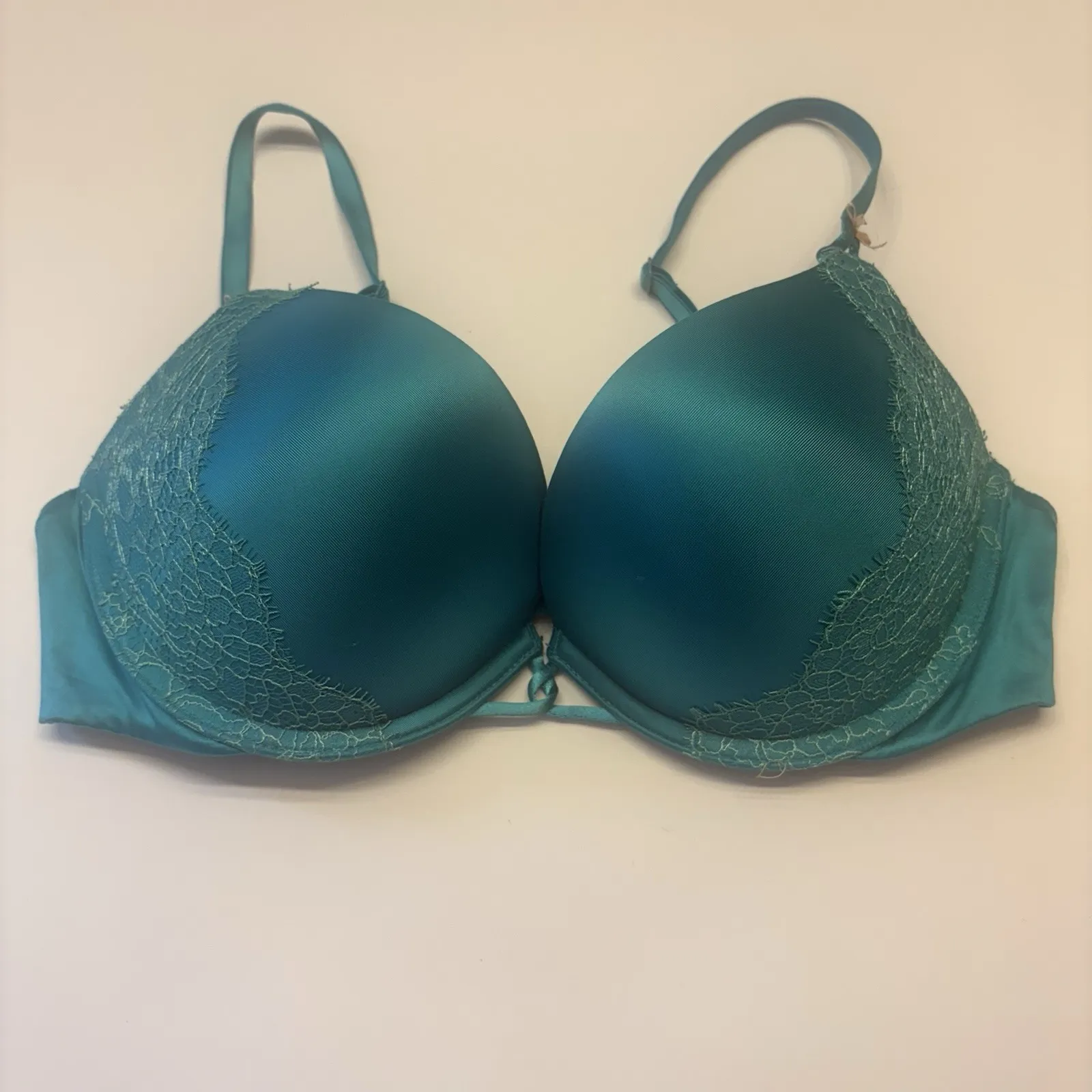 Victoria's Secret‎ Bombshell Plunge Super Push-up Bra Size 36B Satin Lace Teal - Image 5