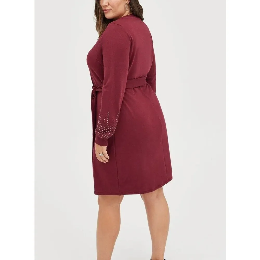 Torrid Pullover Mini Dress French Terry Tie Waist Embellished Cuff Burgundy 2X - Image 2